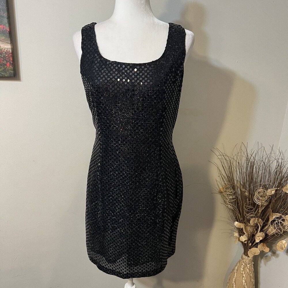 Vintage MORNINGSIDE Black Sequin Mini Party Cocktail Shift Dress Size 12 Lined